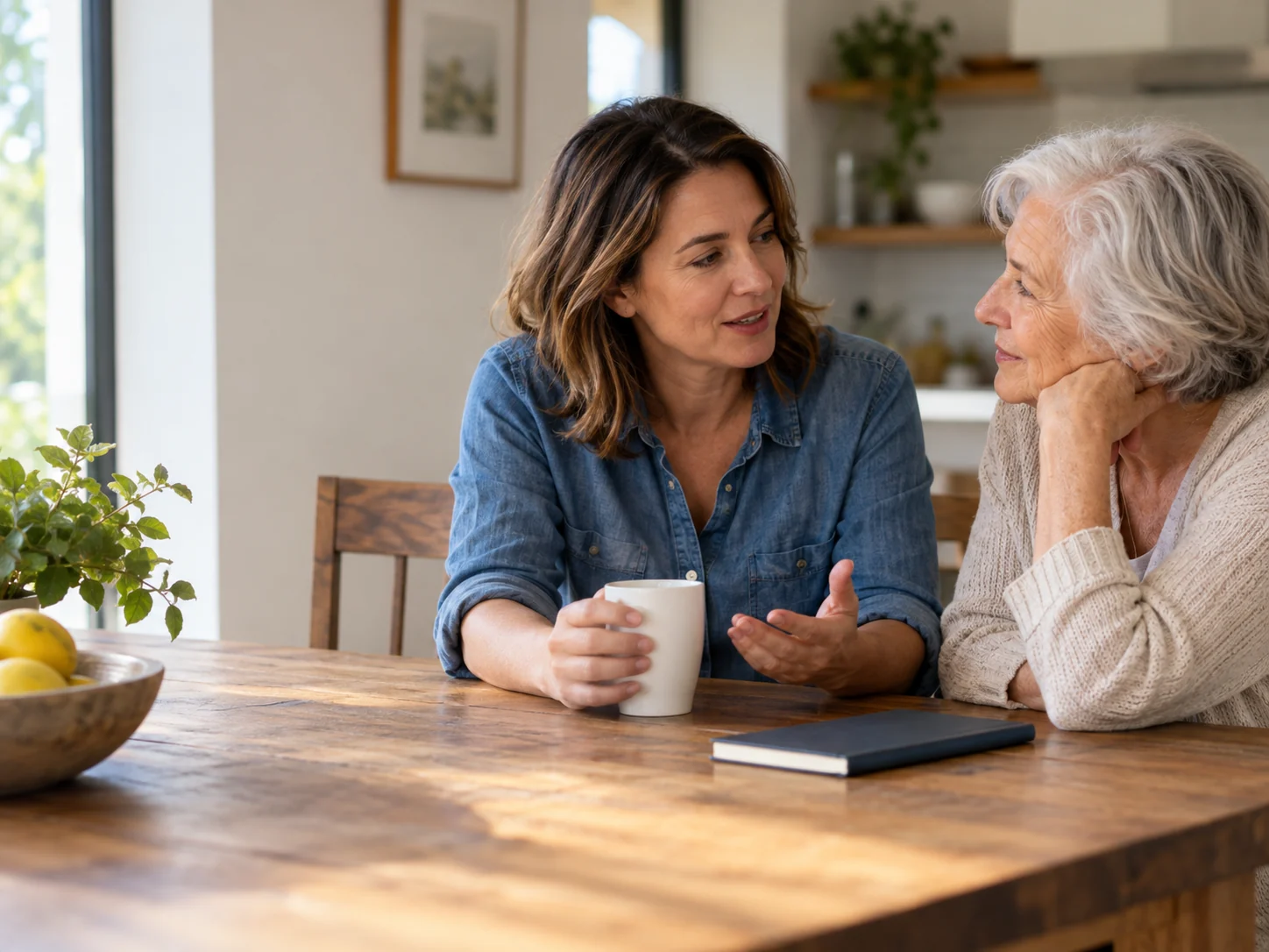 Illustrative image of a mother and adult daughter sharing a calm conversation.